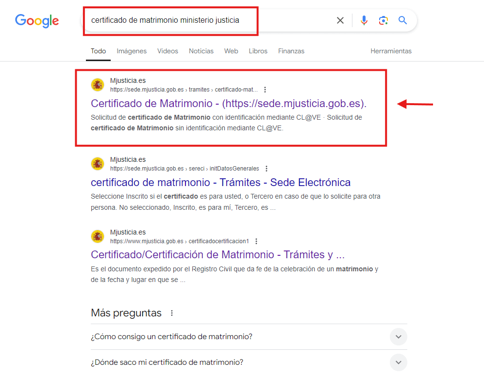 Selecci&oacute;n en la web certificado de matrimonio